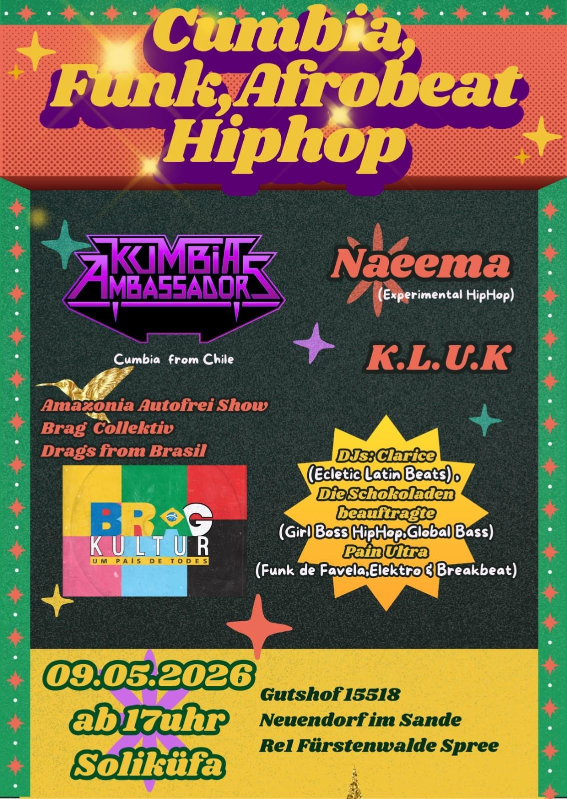 a colorful flyer with the headline "Cumbia, Funk, Afrobeat, Hip Hop" showing the Band logos, the date and the adress of the e