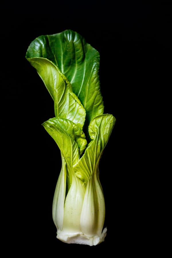 Eine geernte Bok Choy-Pflanze auf schwarzem Hintergrund.