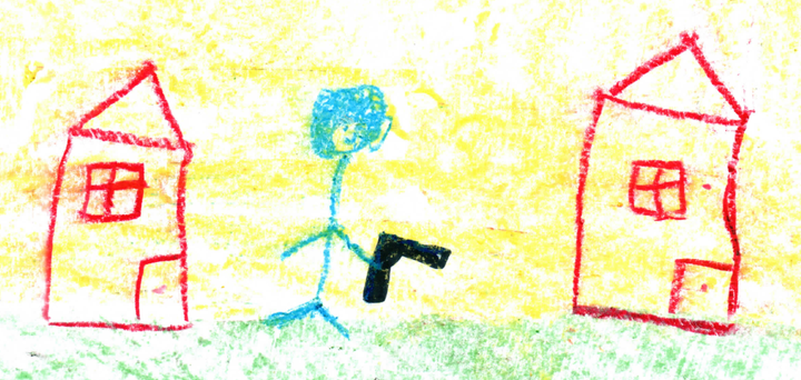 Strichhäuser, dazwischen ein blaues Strichmännchen, das eine Pistole hält